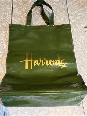 Harrods Tote Bag Large Green Vinyl London Shopper Shoulder Handbag